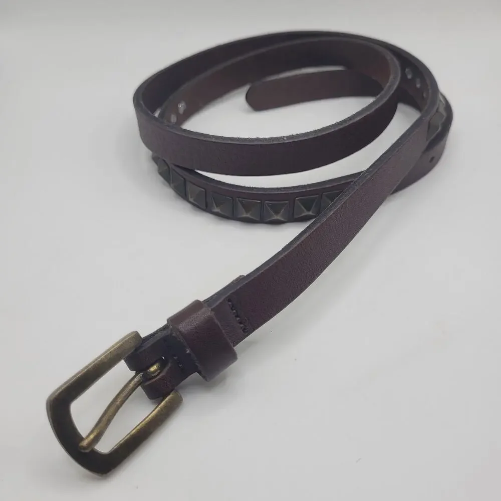 Brown Leather Belt Womens Medium Skinny Studded Brass Buckle Rock Goth Punk
